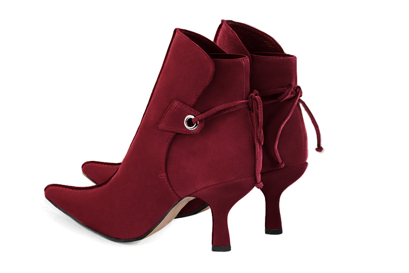 Burgundy red women's ankle boots with laces at the back. Pointed toe. High slim heel. Rear view - Florence KOOIJMAN